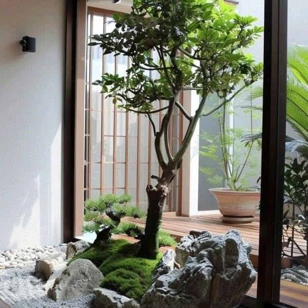 Balanced arrangement of stones and succulents in a tray