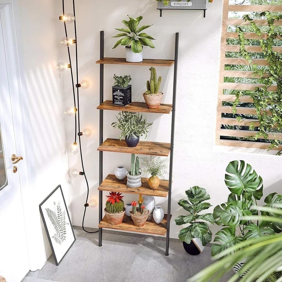 Vintage wooden ladder shelf with plants