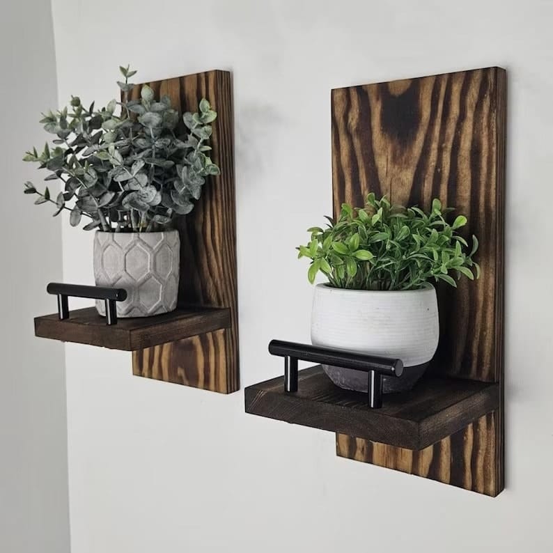 Weathered wood shelves with lush greenery