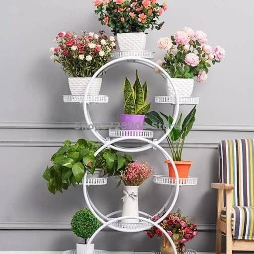 Black and white themed plant stand display
