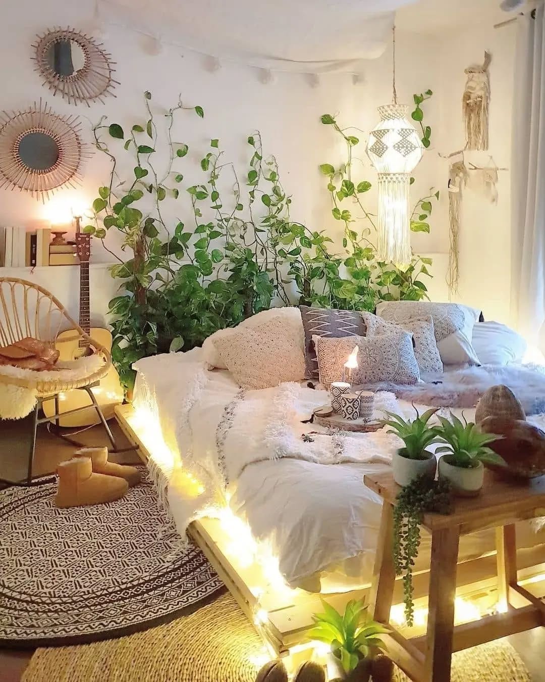 Tiered bamboo plant stand with assorted greenery