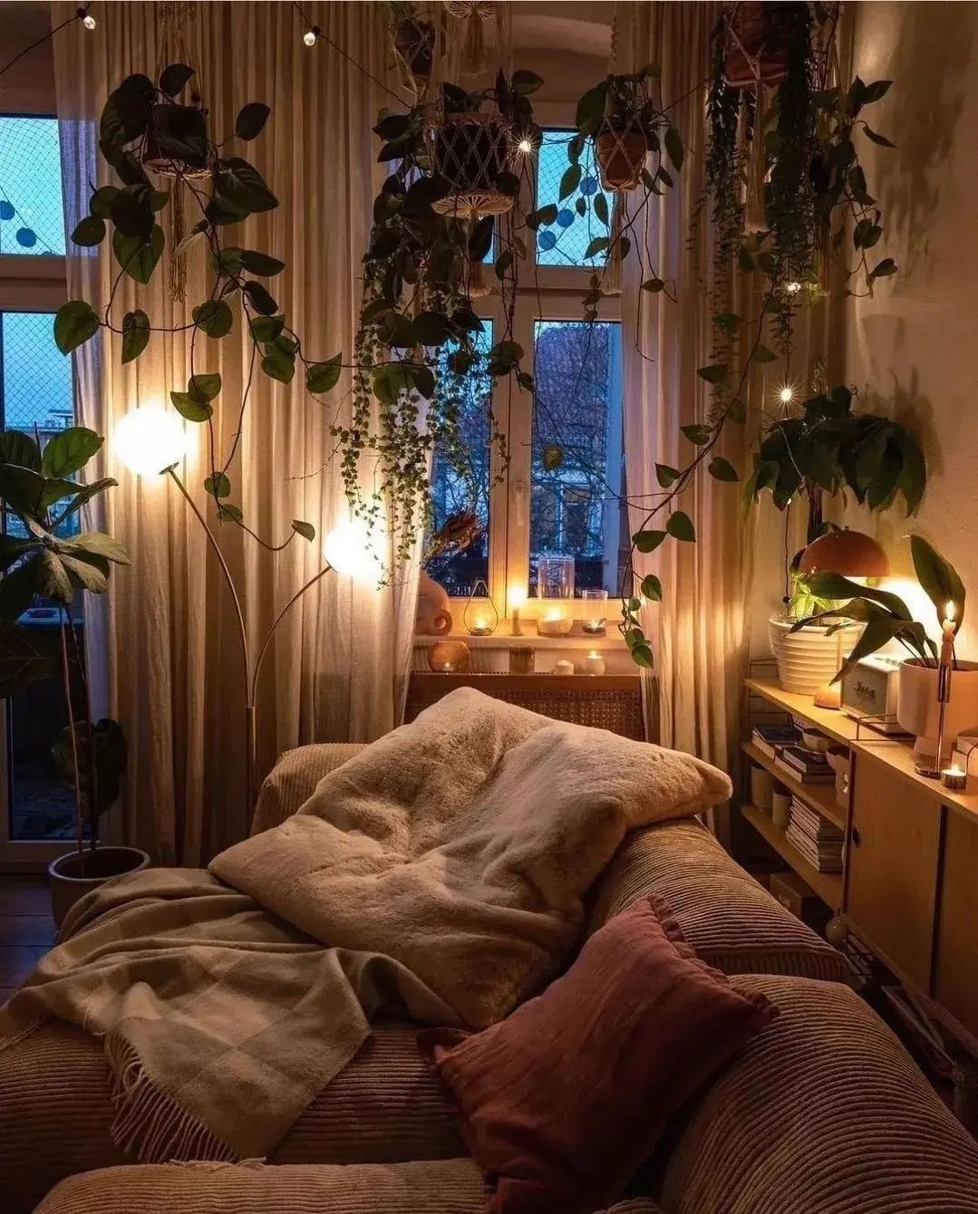 Twinkling fairy lights among plants