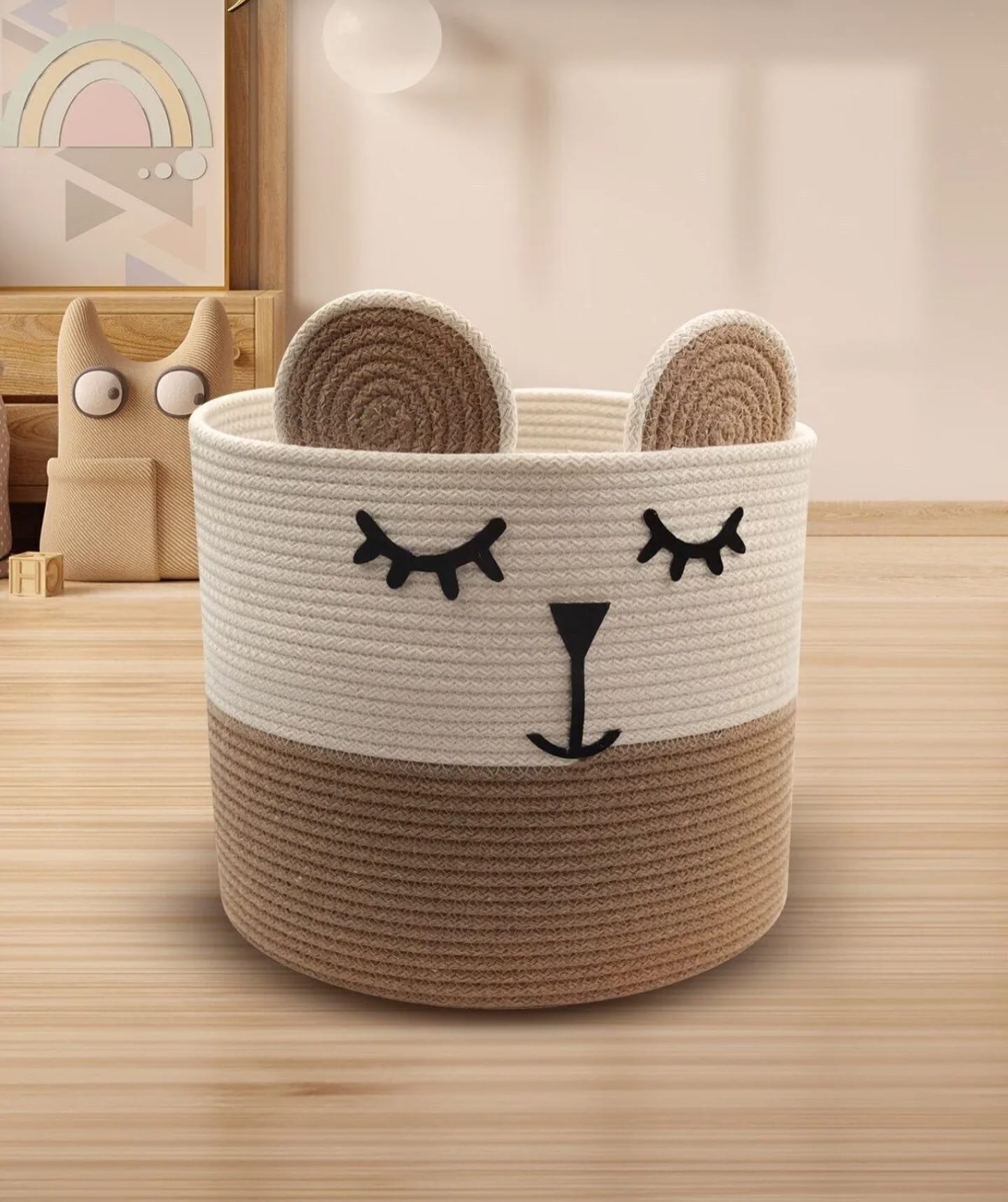 jute rope baskets in living room corner