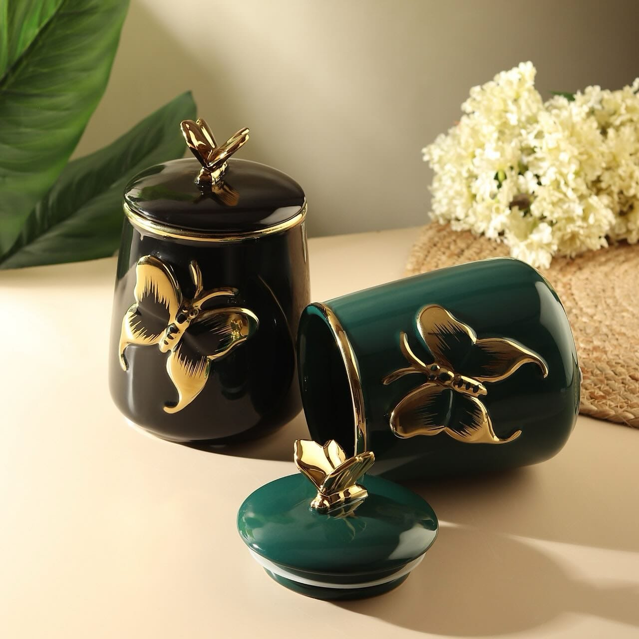 earthenware canisters on kitchen shelf