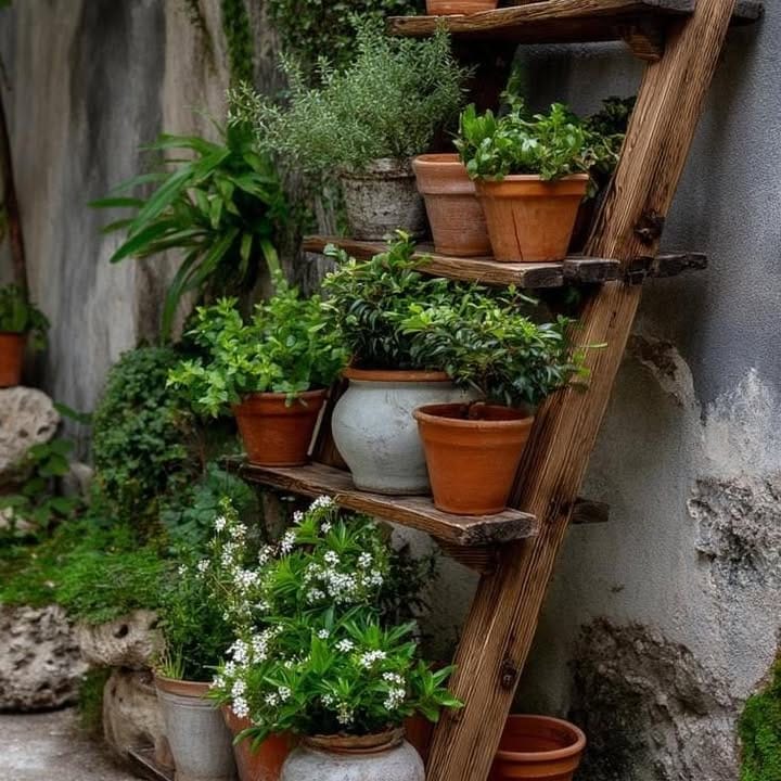 wooden ladder with potted plants