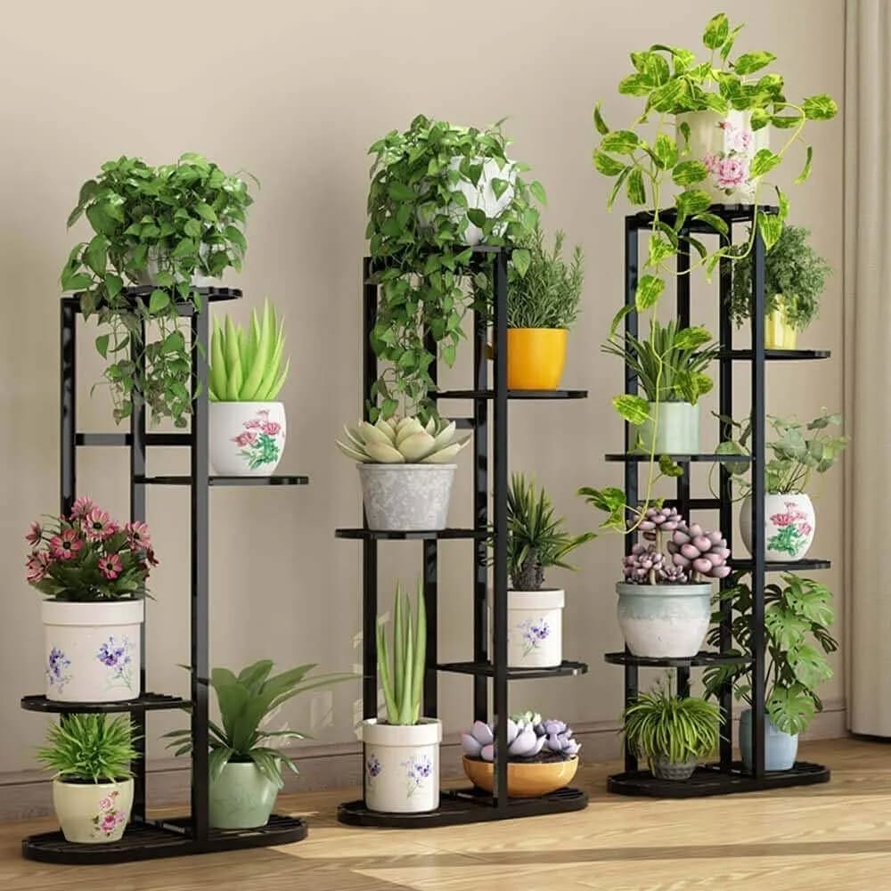 Modern metal multi-tier plant stand with woven baskets