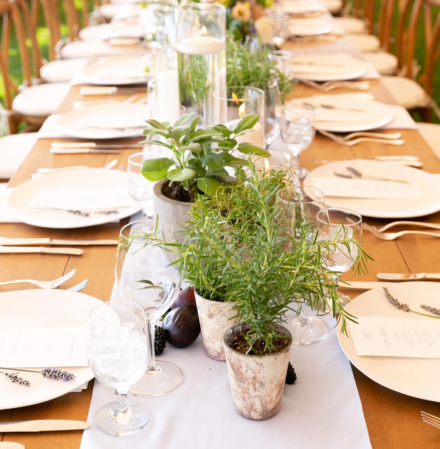 Dining table with clay pot centerpiece