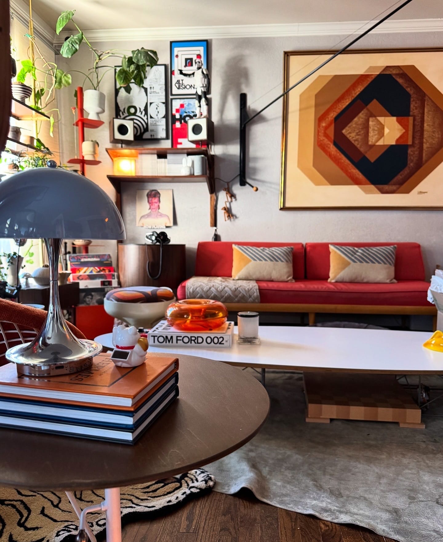 Mid-century style stand with rubber plant