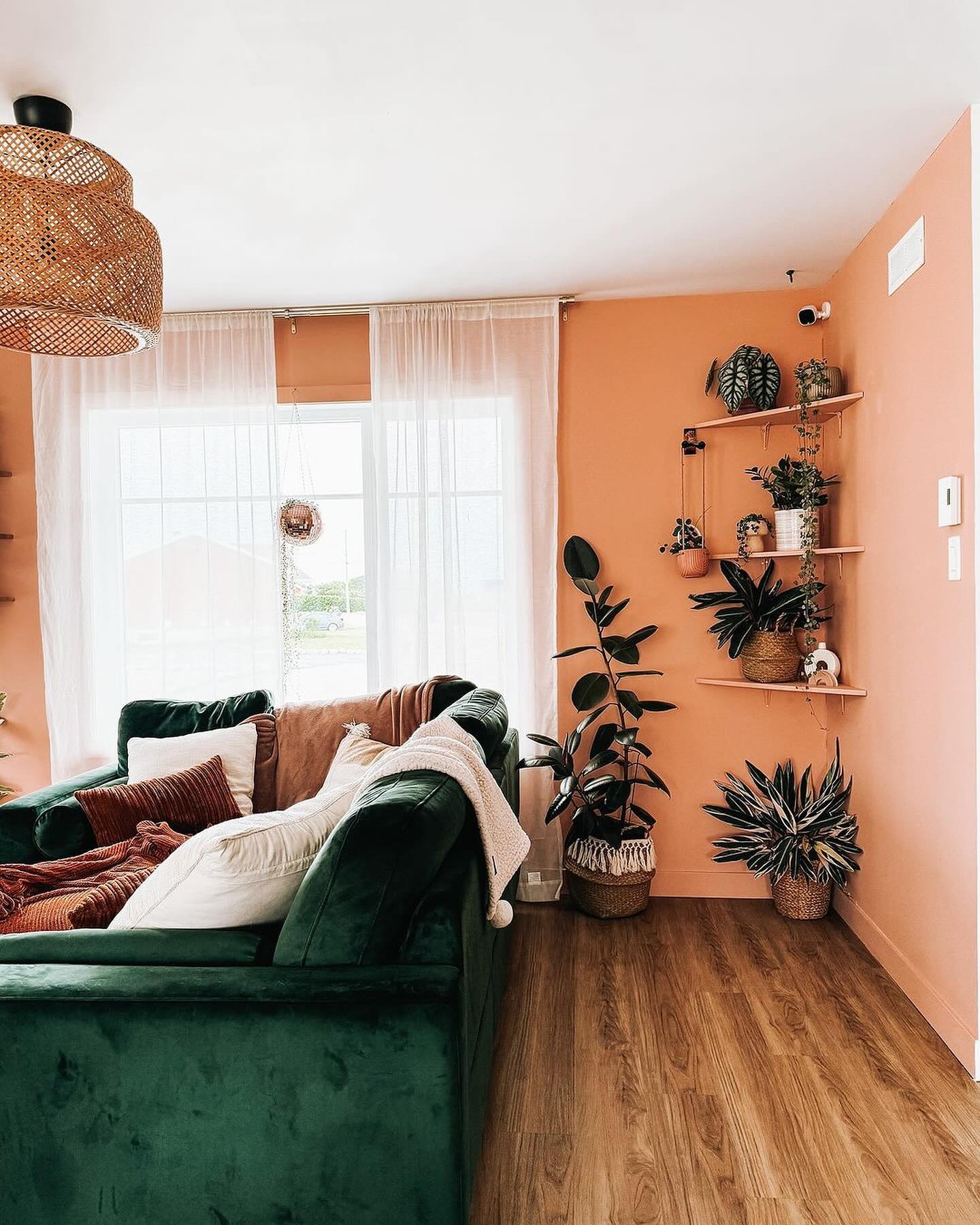 rattan plant stand in alcove