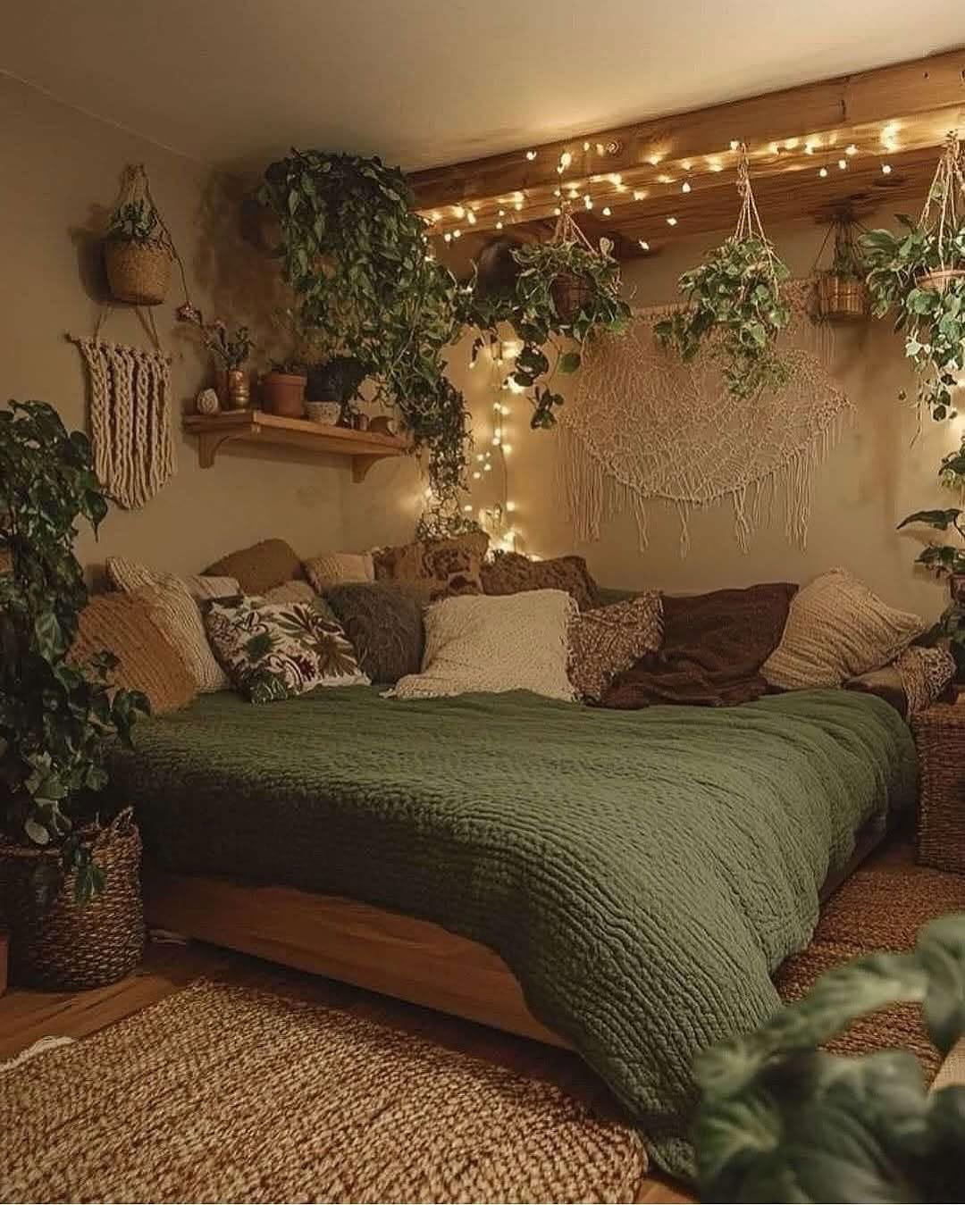 Bedroom corner with clay pots and cozy textiles