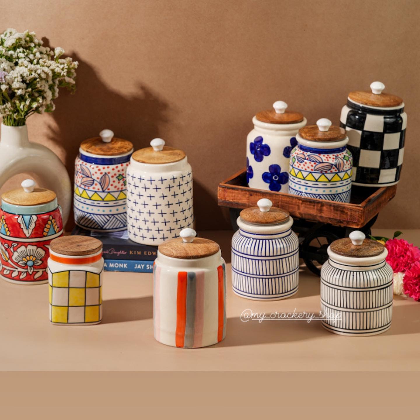glazed ceramic storage jars on kitchen counter