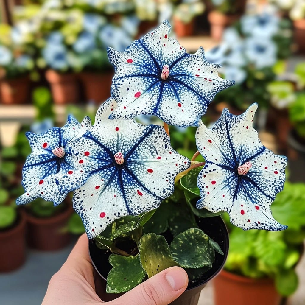 blooming begonia in colorful pot on artistic windowsill