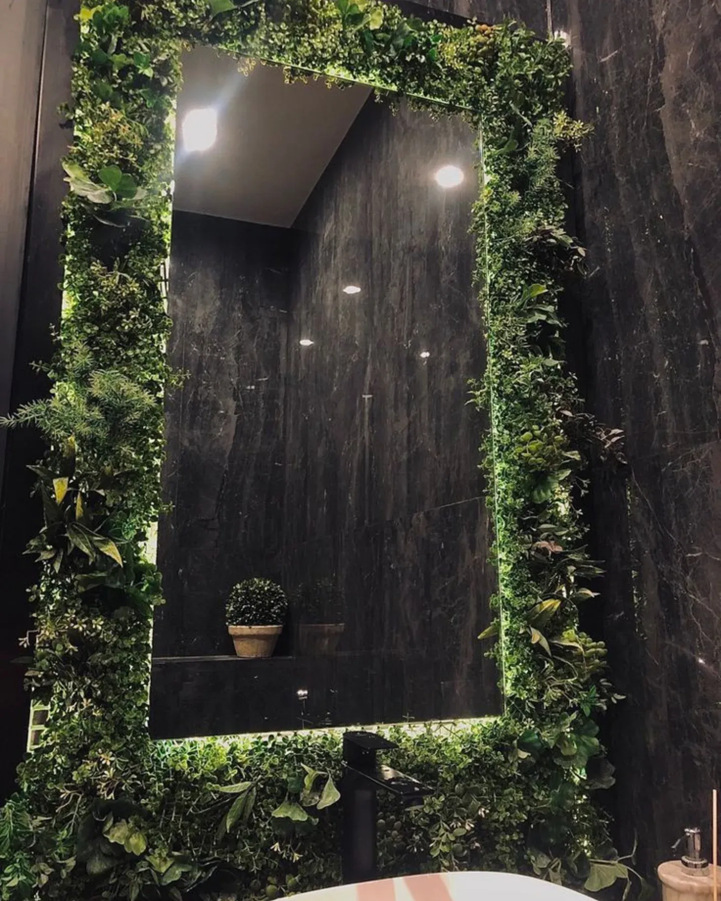 Large wall mirror reflecting indoor plants