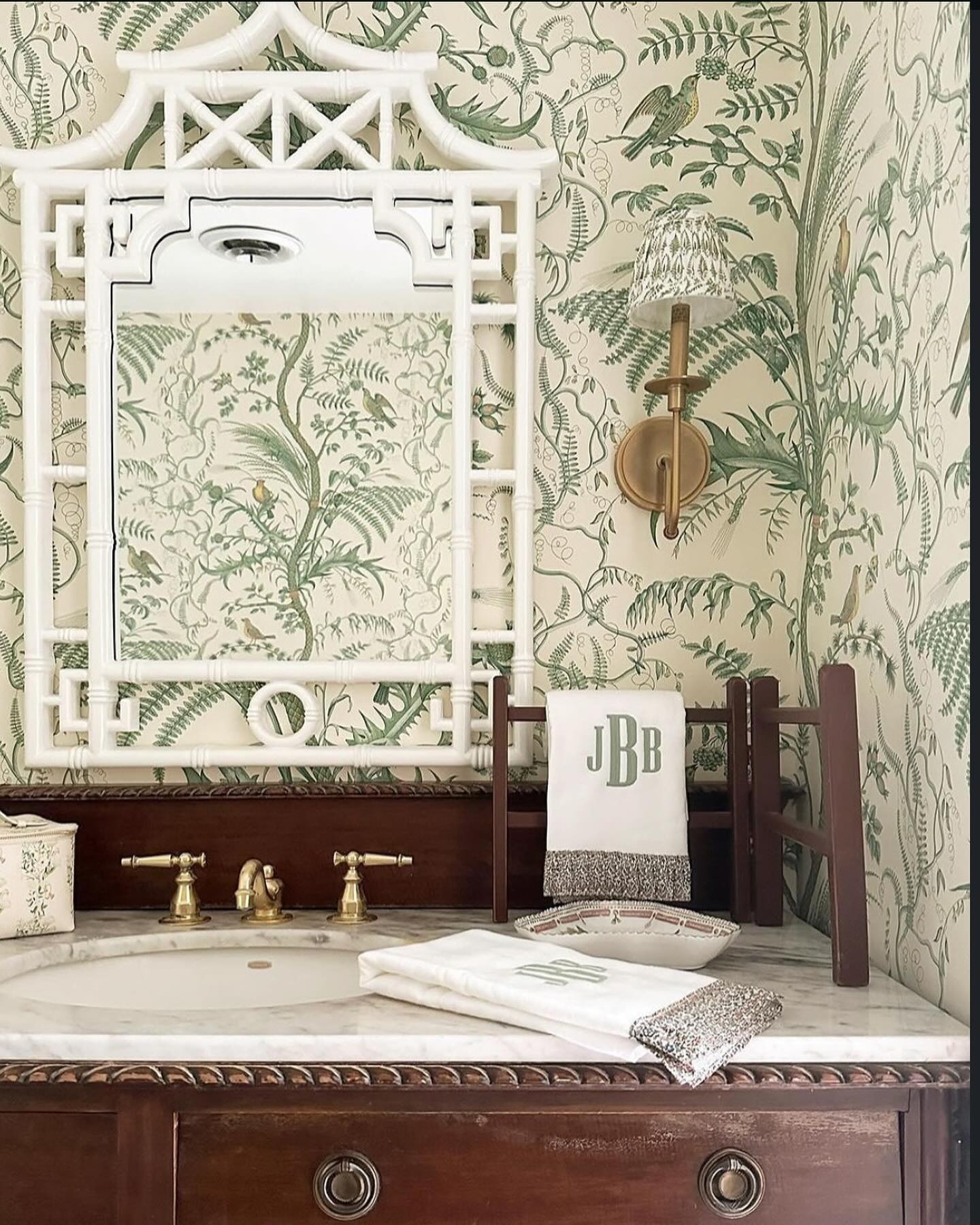 botanical green wallpaper in powder room