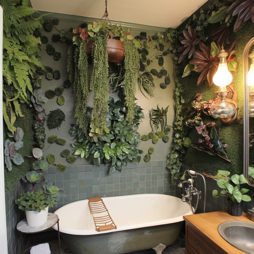 bathroom with fern shadows on tiles