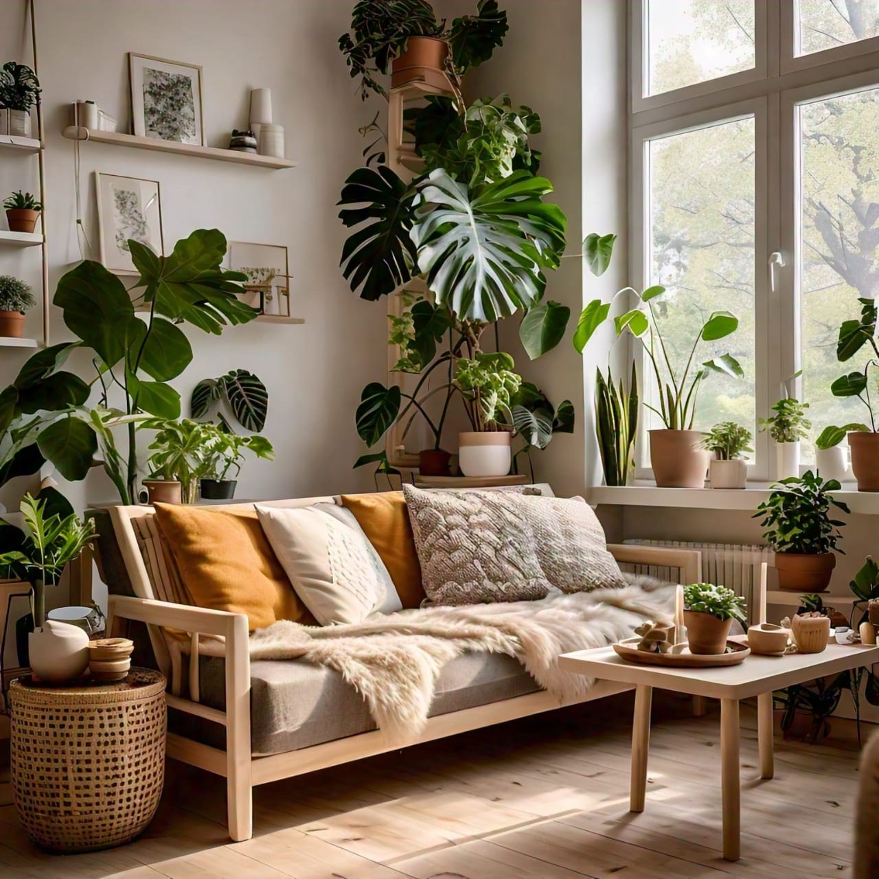 Dining room wall with clay pots and greenery