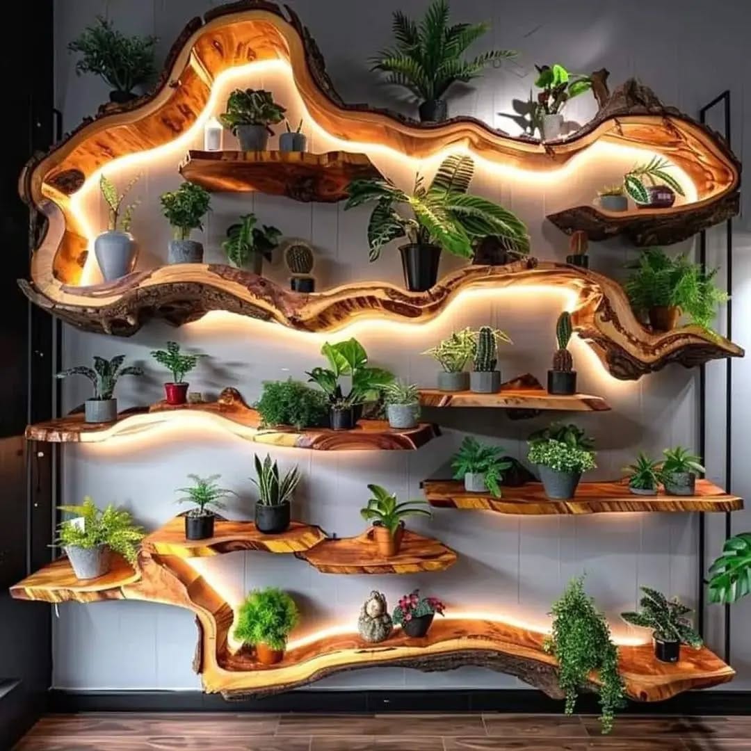 Eclectic plant-filled bookshelf with colorful decor