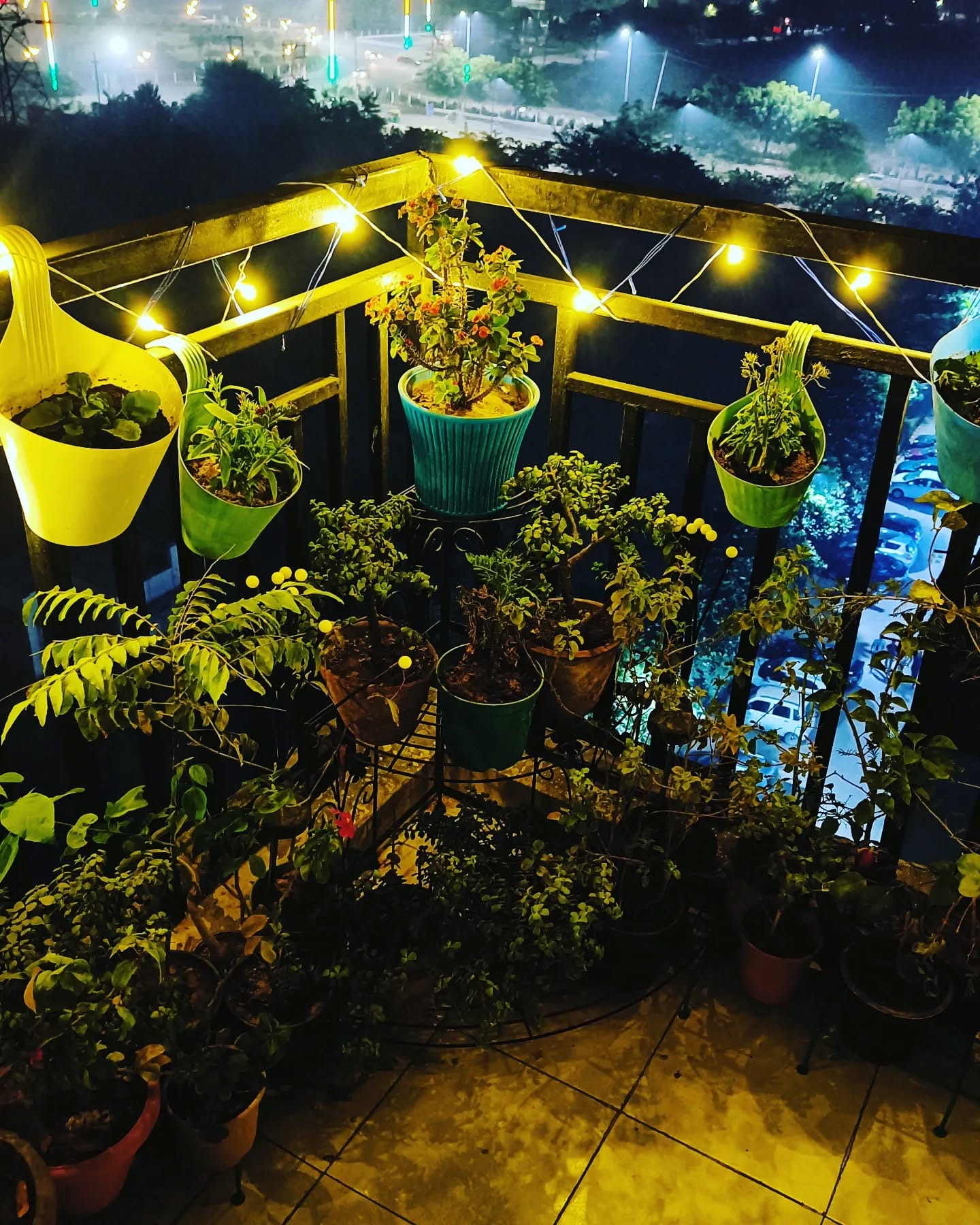 string lights over balcony plants
