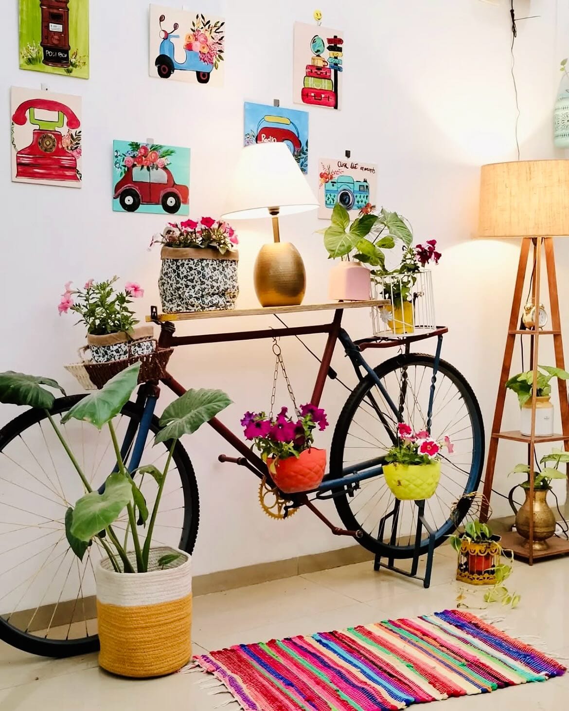 vintage pots with plants in bay window