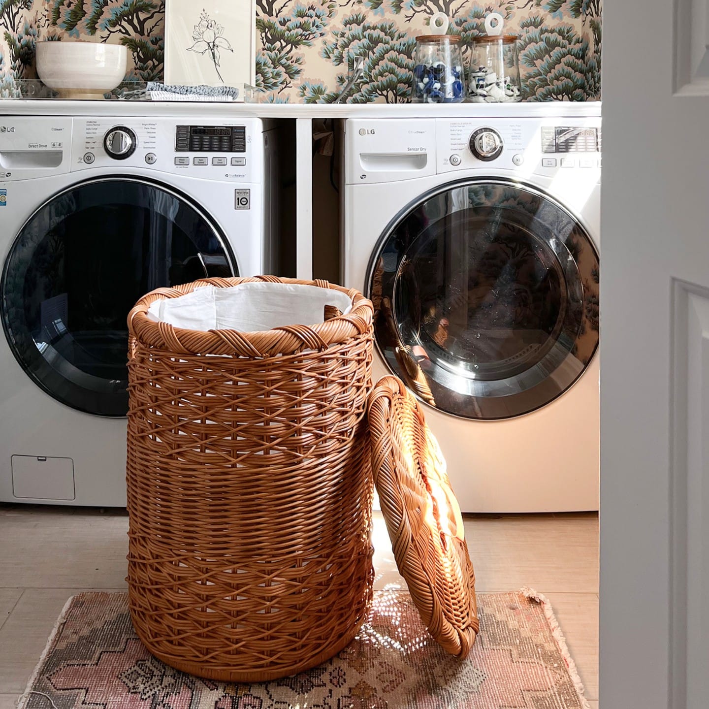 woven basket with laundry supplies