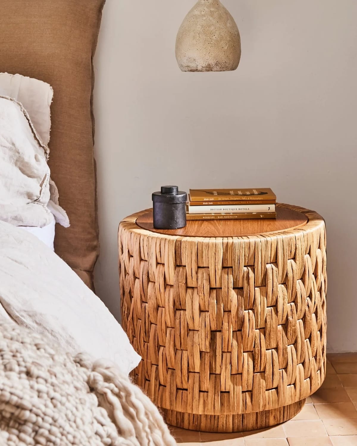woven basket on nightstand