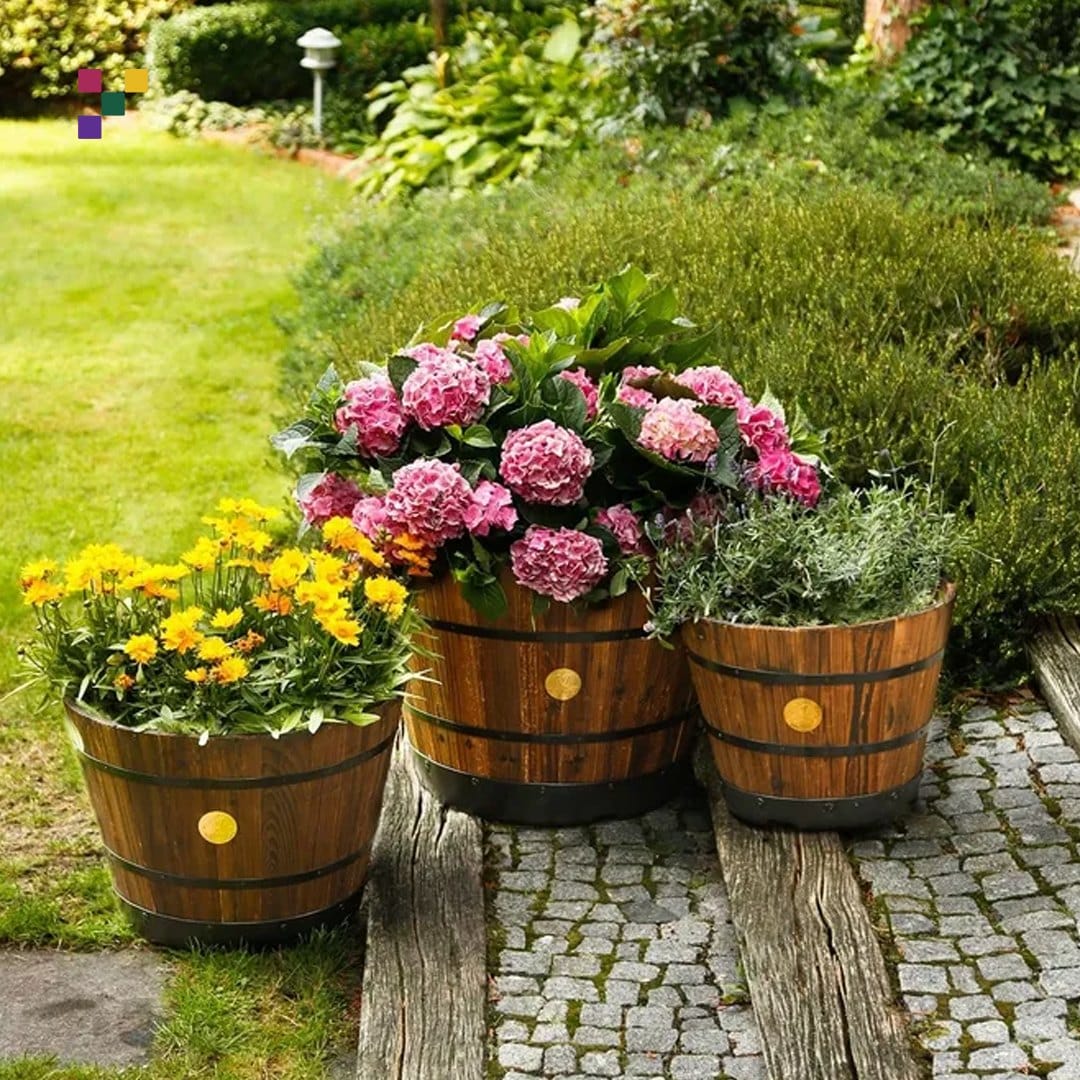 rustic wooden barrel with vibrant flowers