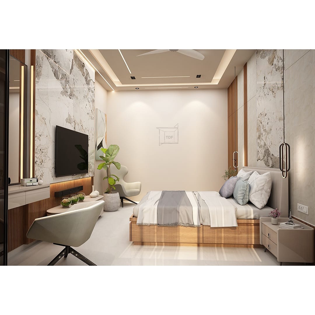 medium marble-look planter with lavender on nightstand