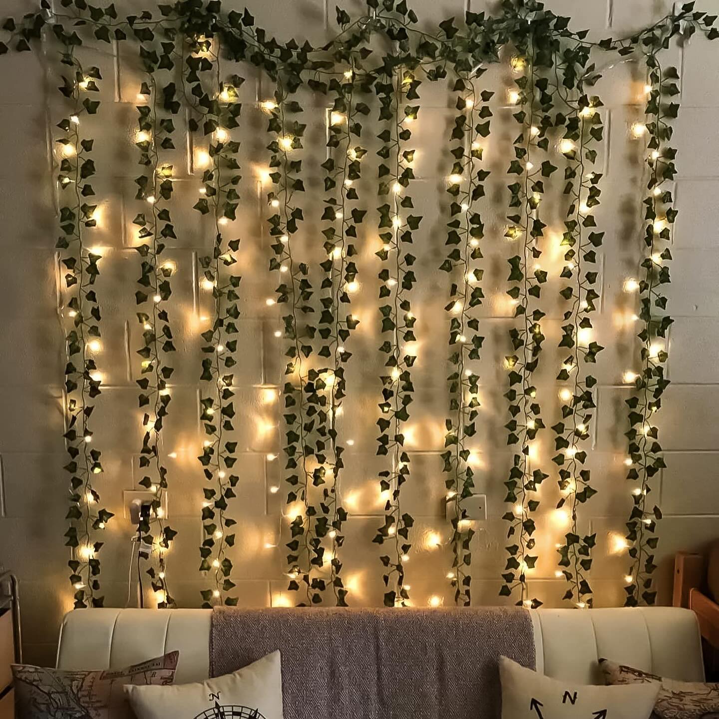 Plants entwined with fairy lights
