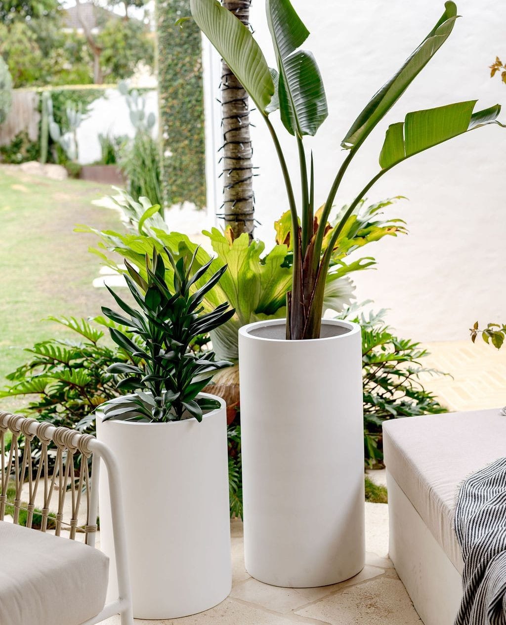 rectangular fiberglass planters on patio