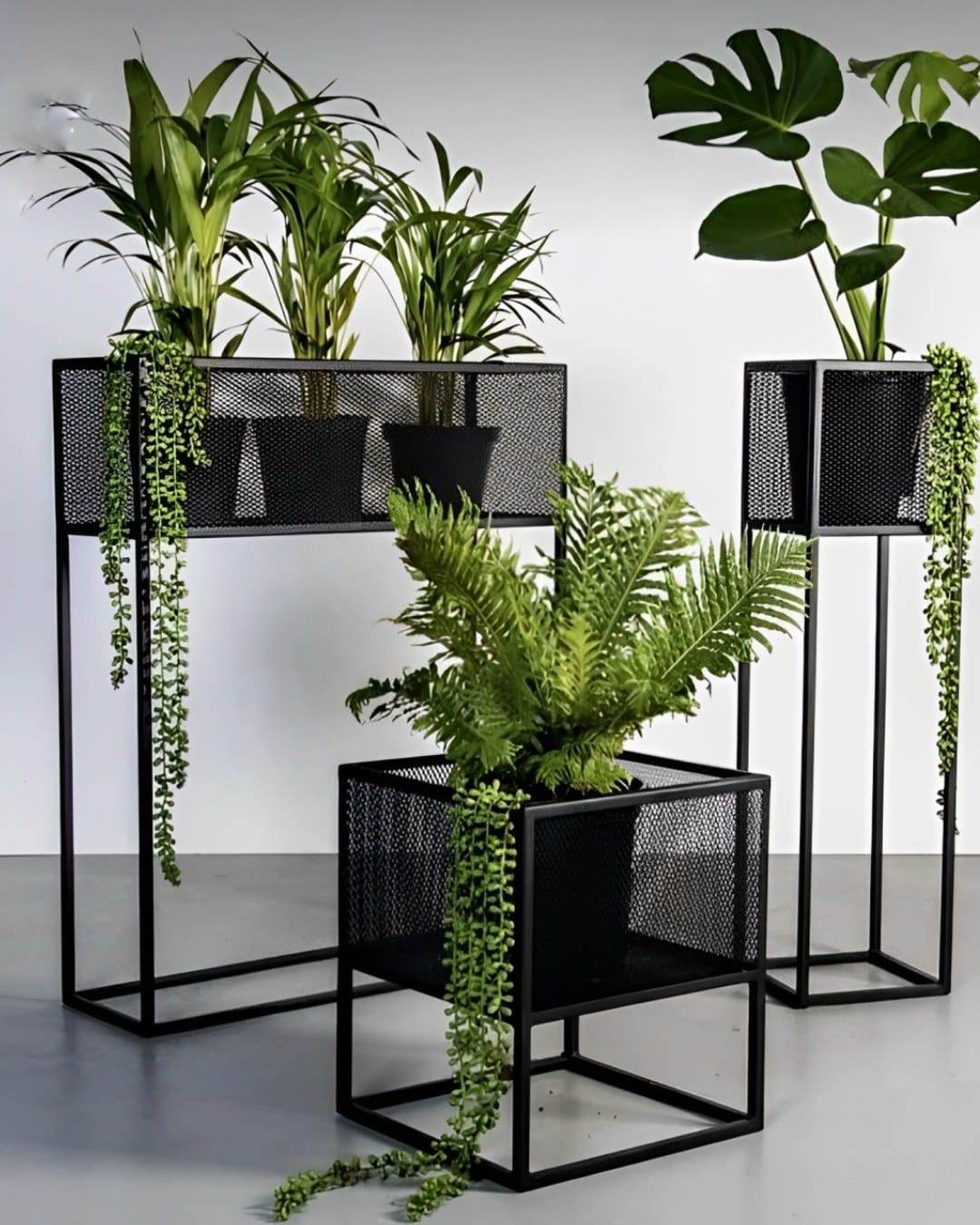 Nautical-themed plants and decor on wrought iron stand