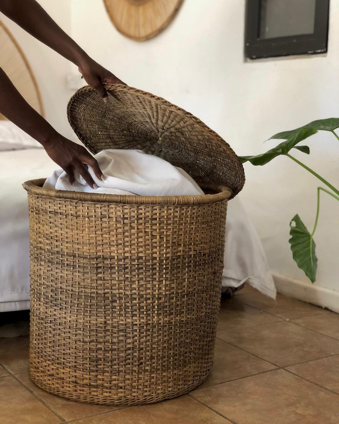 woven basket with craft supplies