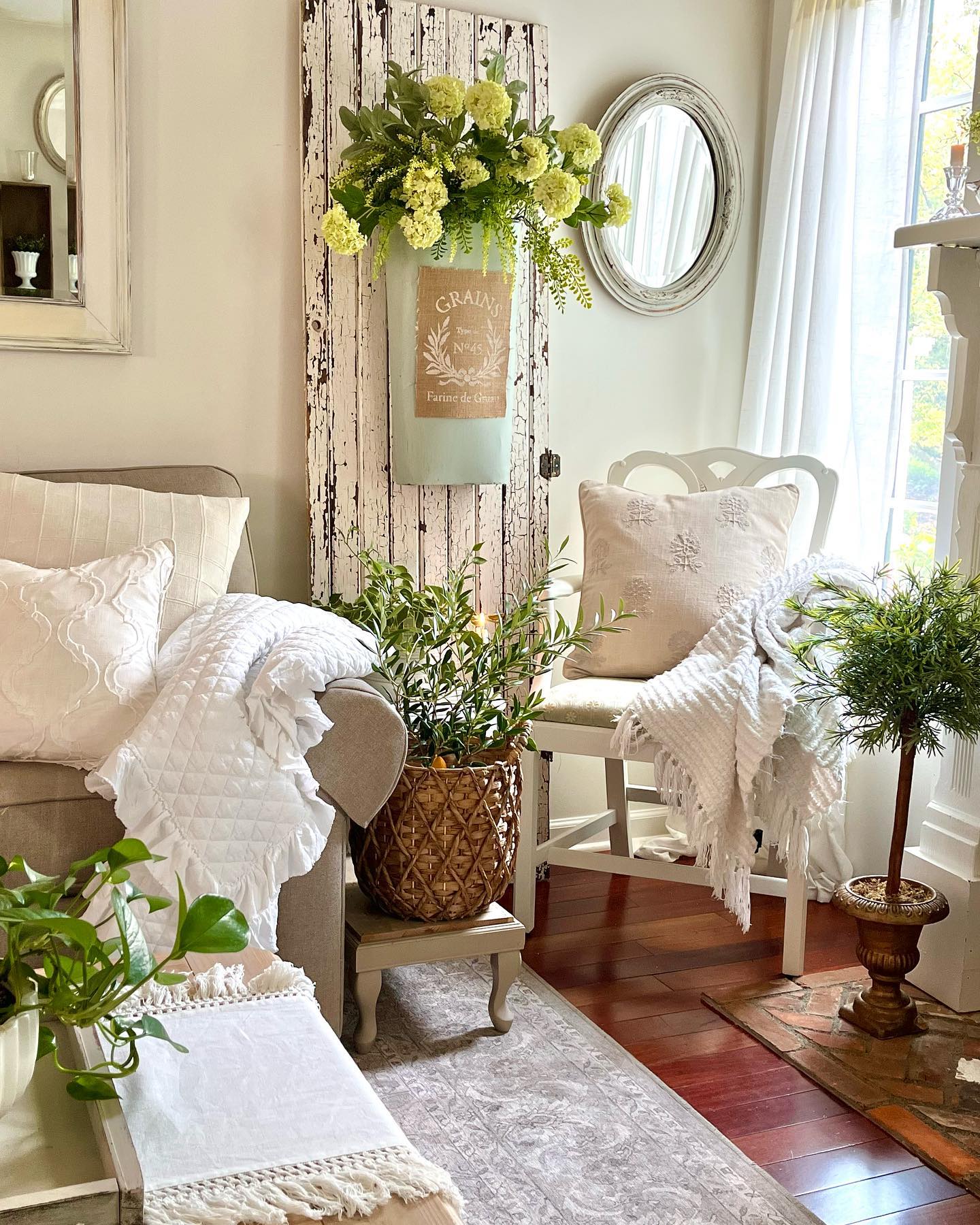 Vintage tapestry on rustic living room wall