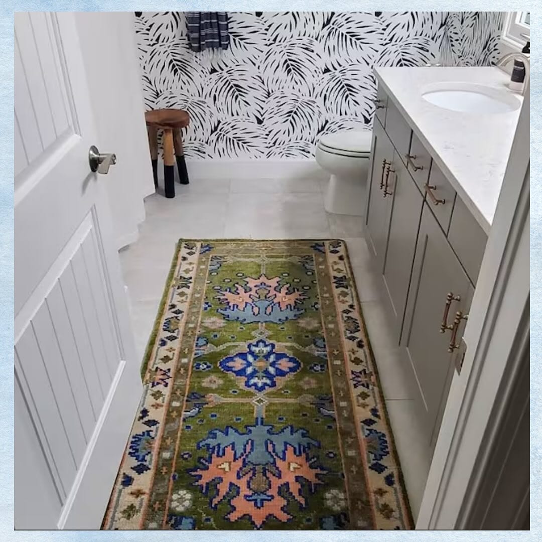 mossy green floor rug on tiled floor