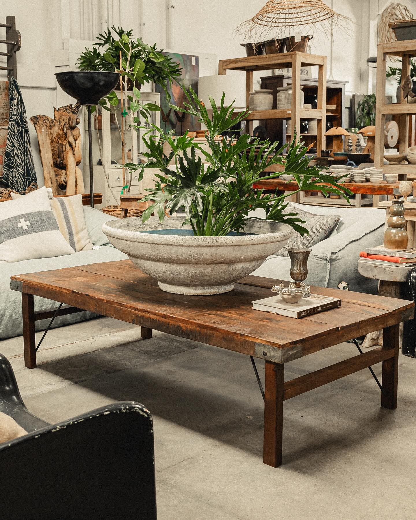 brass planter centerpiece on coffee table