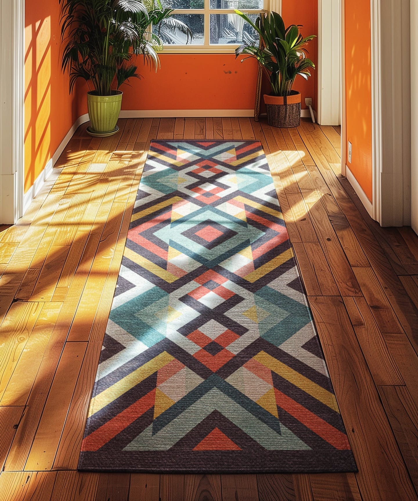 Bright abstract rug with trailing pothos in colorful pots