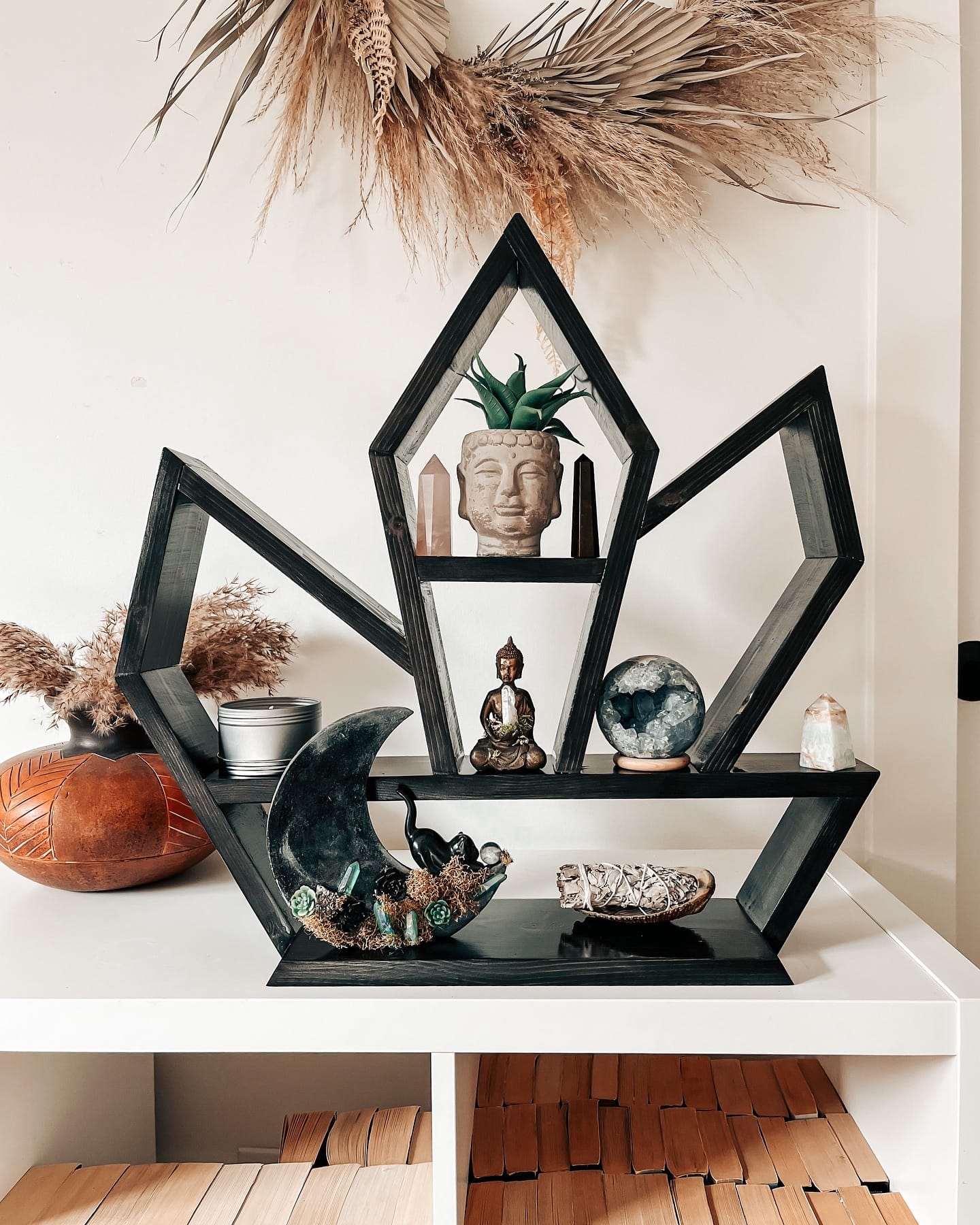 Modern geometric black and white plant shelf arrangement