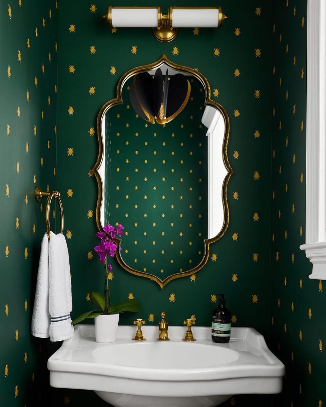 ornate vintage green mirror on wall