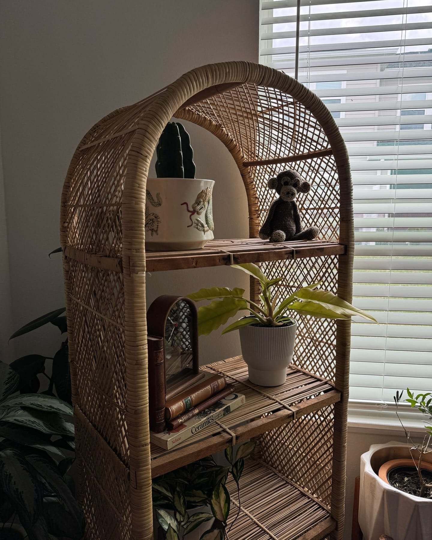 Sunlit rattan shelf with airy plants and bohemian textiles
